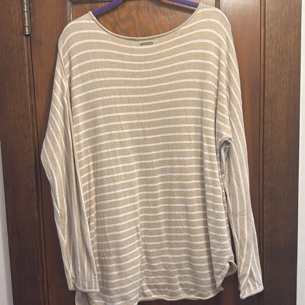 Michael Kors Women’s Tan White Stripe Pullover Sweater Ties On The Side - Picture 8 of 12